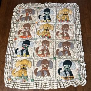 AMAZING Vintage Baby Crib Quilt Hand Made Puppy Dog Hand Stiched